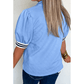 RTS Textured Stripe Trim Split Neck Puff Sleeve Top