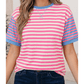 RTS Pink Stripe Contrast Patchwork Short Sleeve Loose Tee