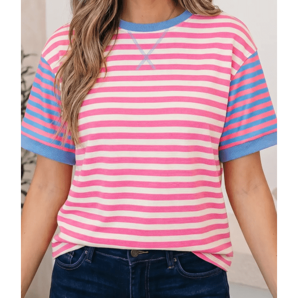 RTS Pink Stripe Contrast Patchwork Short Sleeve Loose Tee
