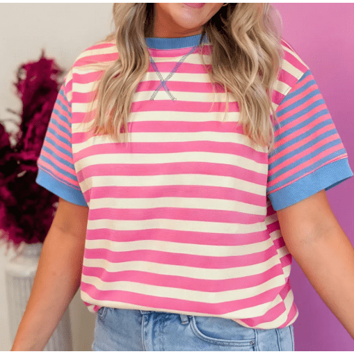 RTS Pink Stripe Contrast Patchwork Short Sleeve Loose Tee
