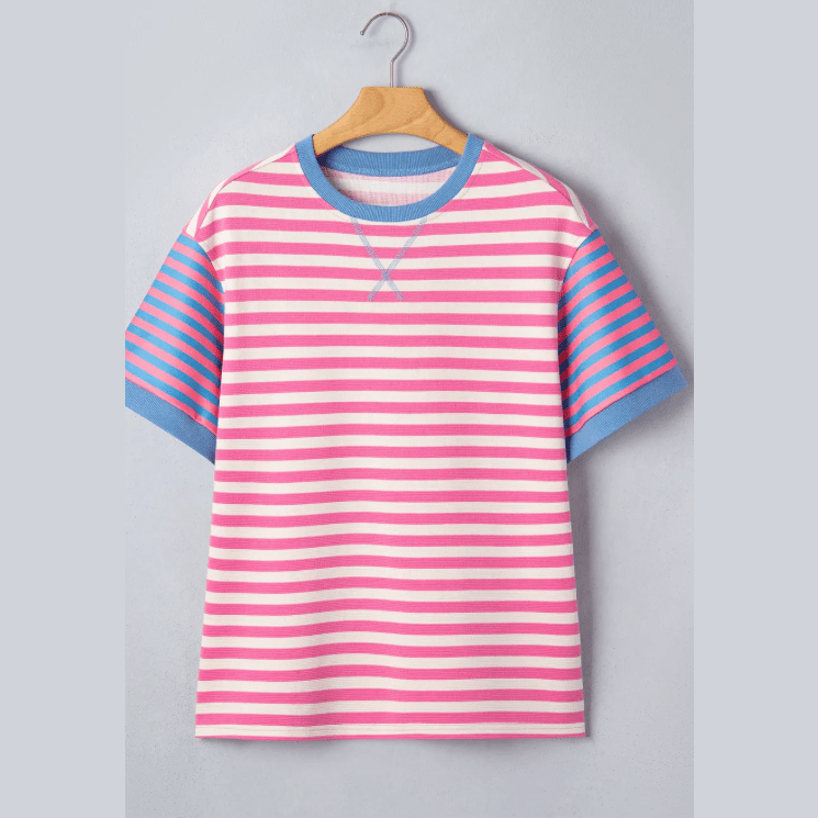 RTS Pink Stripe Contrast Patchwork Short Sleeve Loose Tee