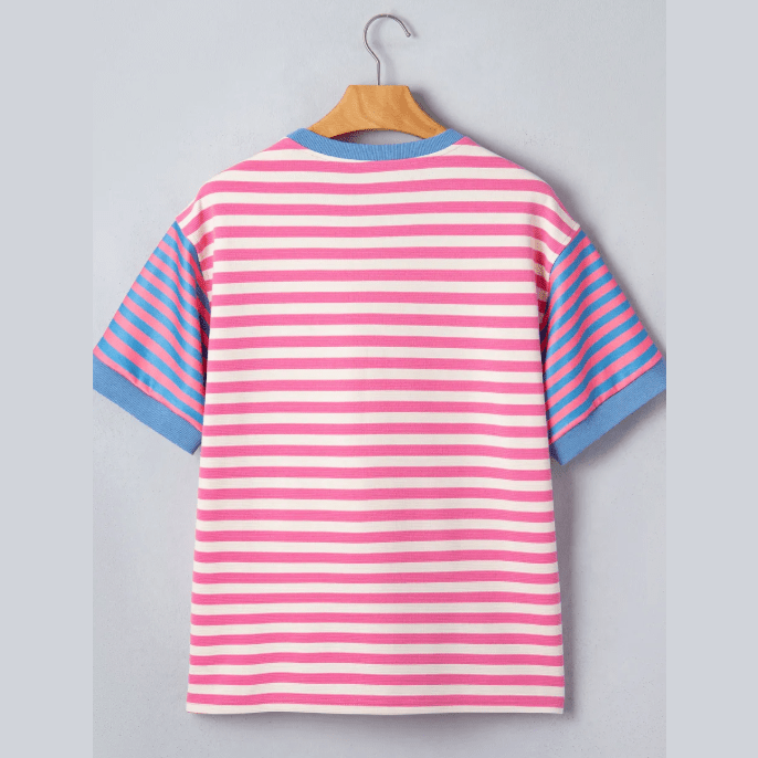 RTS Pink Stripe Contrast Patchwork Short Sleeve Loose Tee
