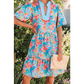 RTS Floral Print Contrast Scallop Striped Trim V Neck Dress