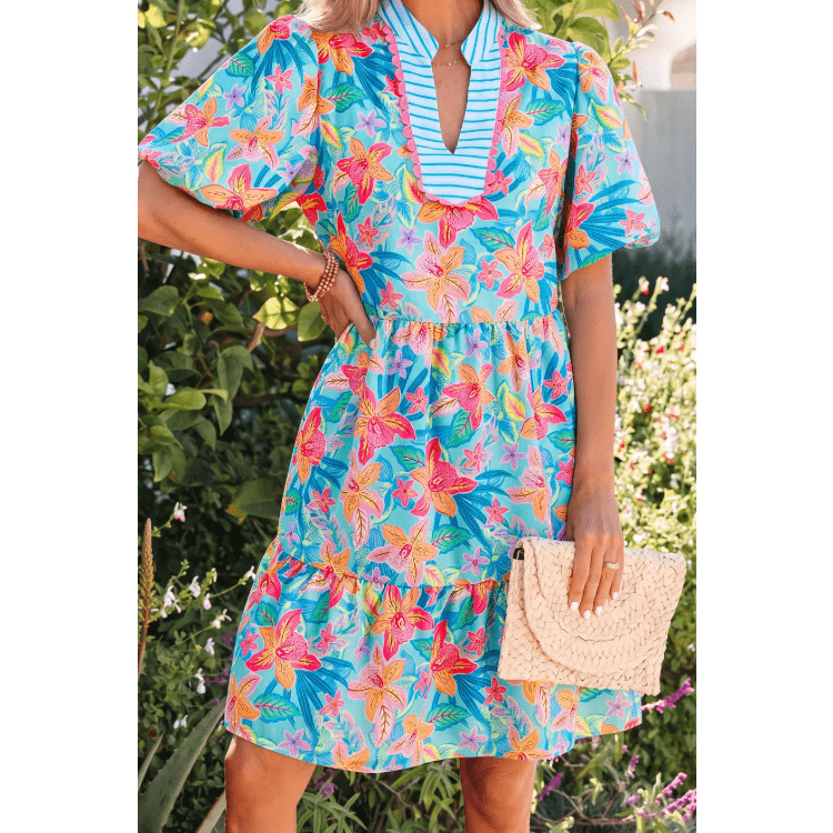 RTS Floral Print Contrast Scallop Striped Trim V Neck Dress