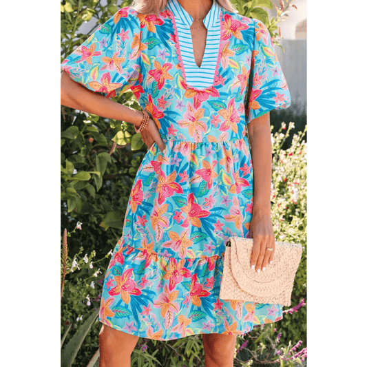 RTS Floral Print Contrast Scallop Striped Trim V Neck Dress