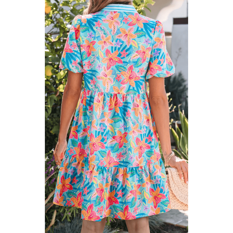 RTS Floral Print Contrast Scallop Striped Trim V Neck Dress