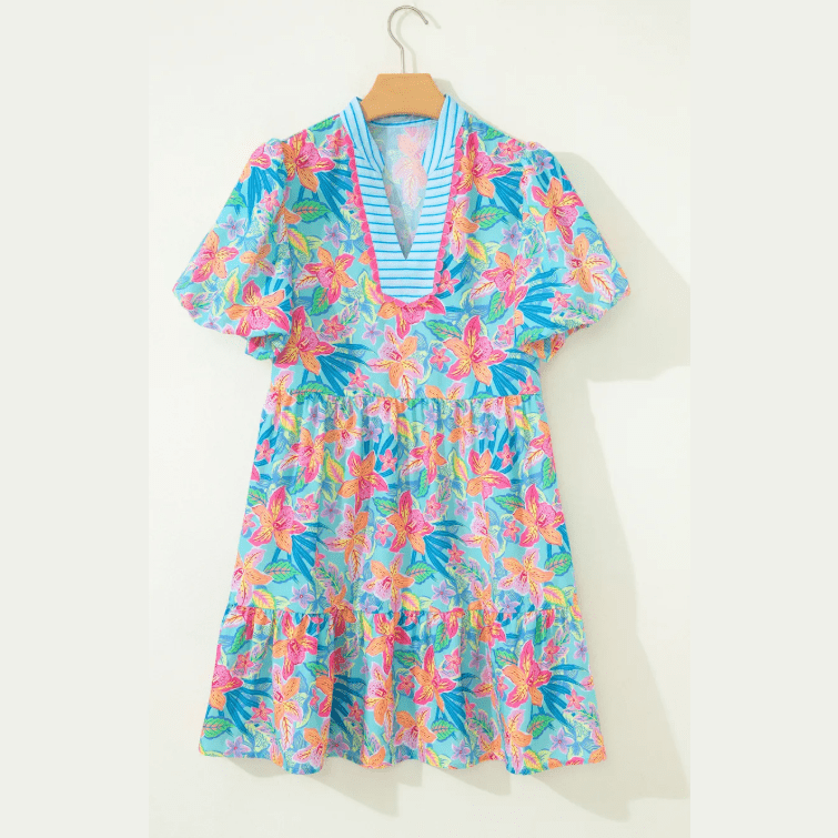 RTS Floral Print Contrast Scallop Striped Trim V Neck Dress