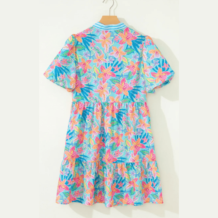 RTS Floral Print Contrast Scallop Striped Trim V Neck Dress