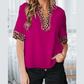 Moraga Violet Leopard Patchwork Trim Split Neck Short Sleeve Blouse