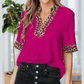 Moraga Violet Leopard Patchwork Trim Split Neck Short Sleeve Blouse