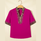 Moraga Violet Leopard Patchwork Trim Split Neck Short Sleeve Blouse
