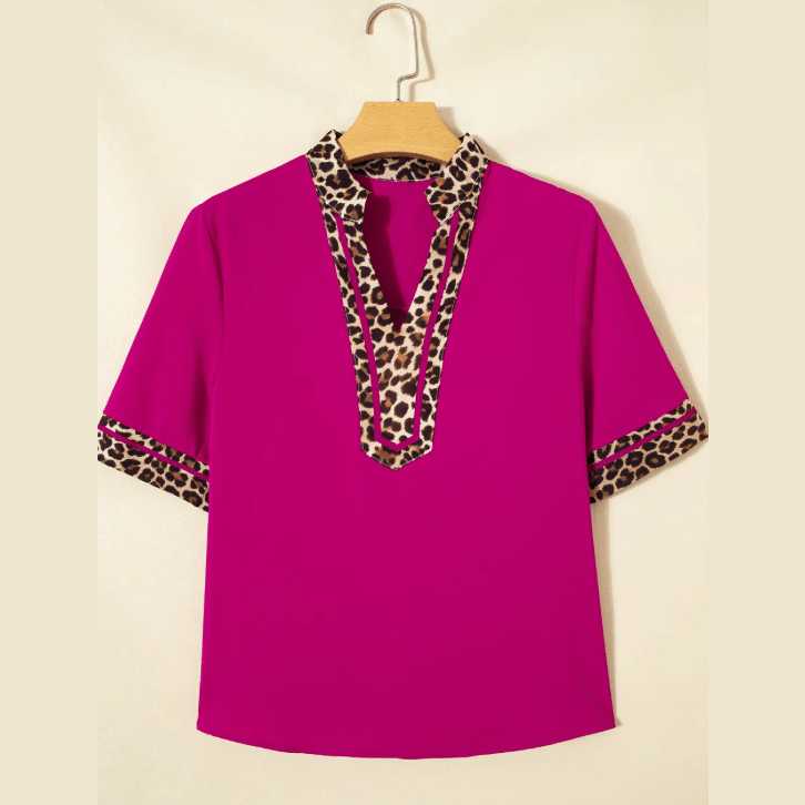 Moraga Violet Leopard Patchwork Trim Split Neck Short Sleeve Blouse