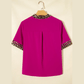 Moraga Violet Leopard Patchwork Trim Split Neck Short Sleeve Blouse