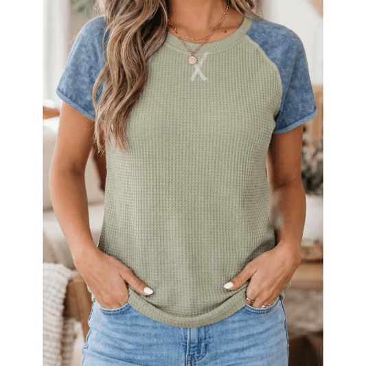 Ava Khaki Waffle Knit Seam Detail Color Block Patchwork Short Sleeve Top