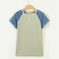 Ava Khaki Waffle Knit Seam Detail Color Block Patchwork Short Sleeve Top