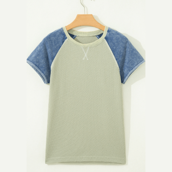 Ava Khaki Waffle Knit Seam Detail Color Block Patchwork Short Sleeve Top