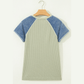 Ava Khaki Waffle Knit Seam Detail Color Block Patchwork Short Sleeve Top
