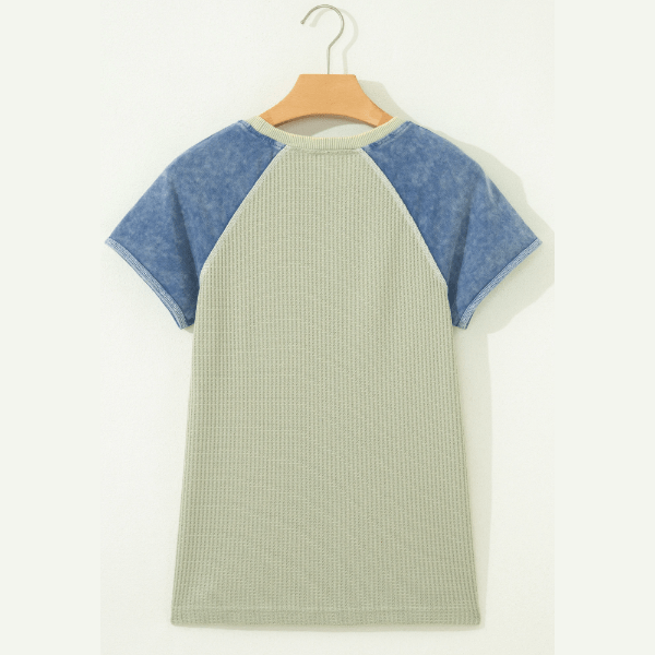 Ava Khaki Waffle Knit Seam Detail Color Block Patchwork Short Sleeve Top