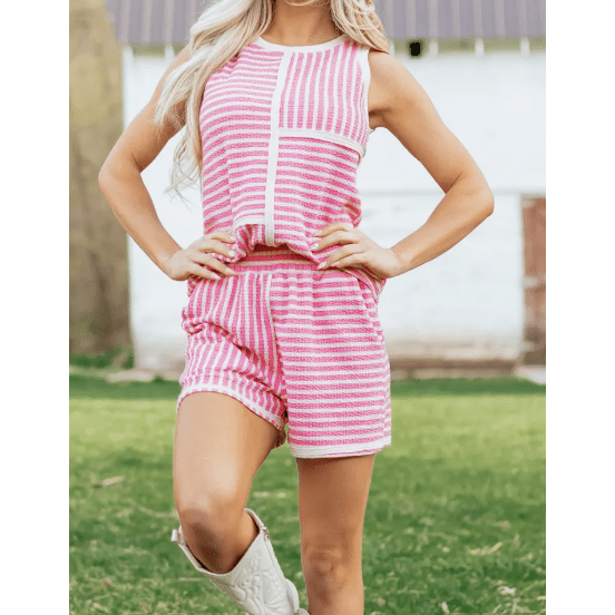SALE!!!  Betsy Pink Stripe Textured Contrast Trim Casual Tank and Shorts Set
