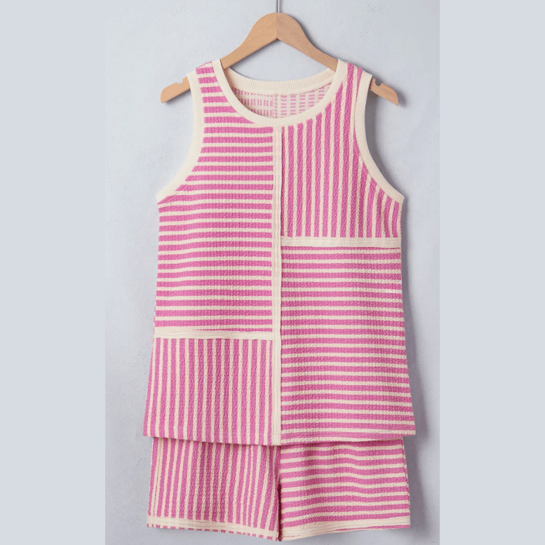 SALE!!!  Betsy Pink Stripe Textured Contrast Trim Casual Tank and Shorts Set