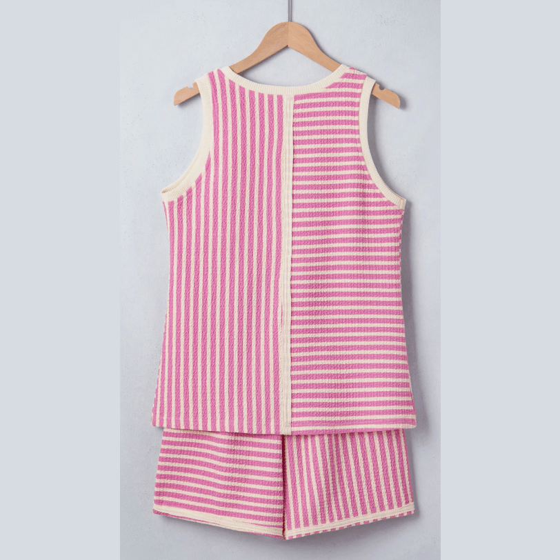 SALE!!!  Betsy Pink Stripe Textured Contrast Trim Casual Tank and Shorts Set