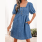 SALE!!!  Dearie Prussian Blue Button Square Neck Short Puff Sleeve Denim Mini Dress
