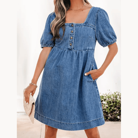 SALE!!!  Dearie Prussian Blue Button Square Neck Short Puff Sleeve Denim Mini Dress