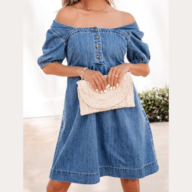 SALE!!!  Dearie Prussian Blue Button Square Neck Short Puff Sleeve Denim Mini Dress