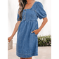 SALE!!!  Dearie Prussian Blue Button Square Neck Short Puff Sleeve Denim Mini Dress