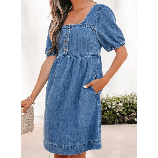 SALE!!!  Dearie Prussian Blue Button Square Neck Short Puff Sleeve Denim Mini Dress