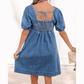 SALE!!!  Dearie Prussian Blue Button Square Neck Short Puff Sleeve Denim Mini Dress