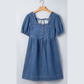 SALE!!!  Dearie Prussian Blue Button Square Neck Short Puff Sleeve Denim Mini Dress