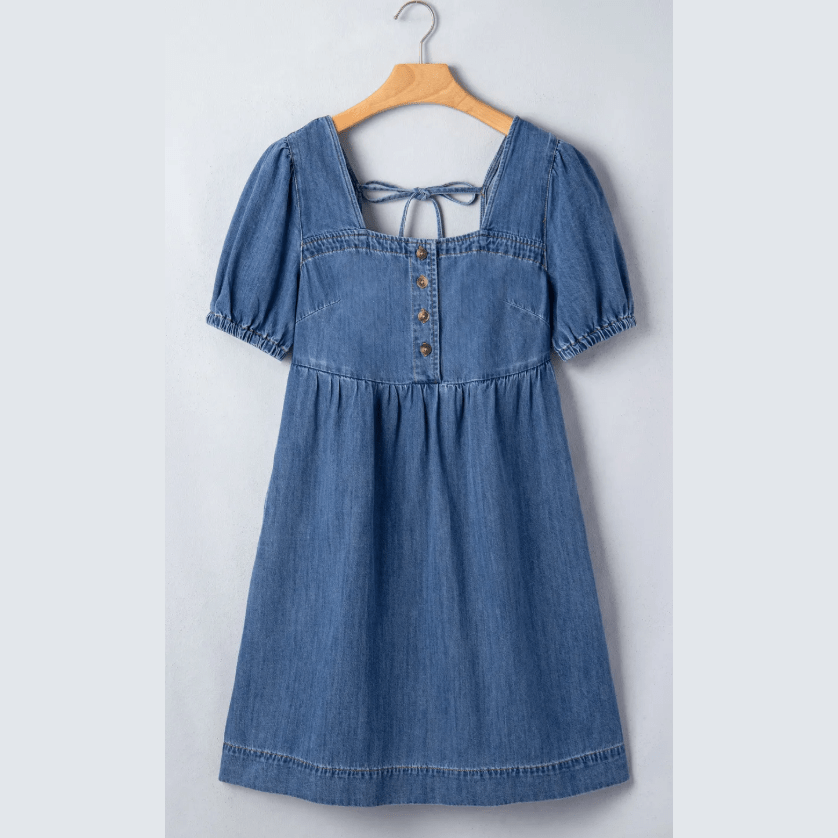 SALE!!!  Dearie Prussian Blue Button Square Neck Short Puff Sleeve Denim Mini Dress