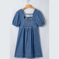 SALE!!!  Dearie Prussian Blue Button Square Neck Short Puff Sleeve Denim Mini Dress