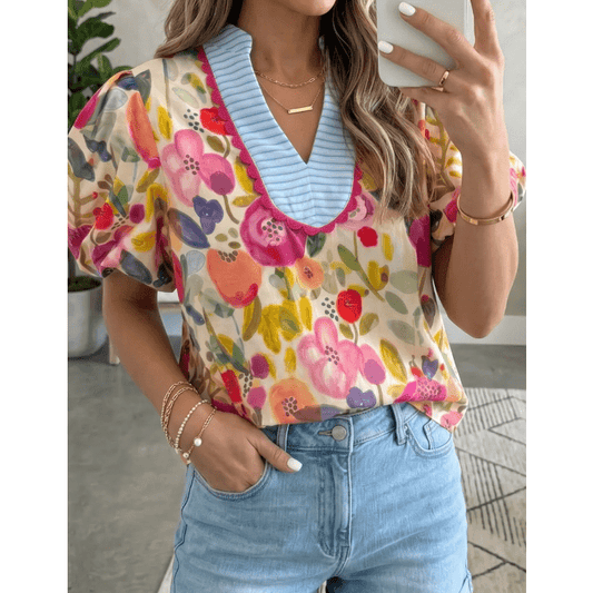 Glennette Floral Print V Neck Short Puff Sleeve Cotton Blouse