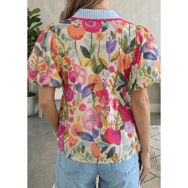 Glennette Floral Print V Neck Short Puff Sleeve Cotton Blouse