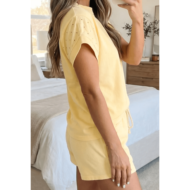 Felice Yellow Eyelet Lace Patchwork Sleeve Short 2pcs Outfit