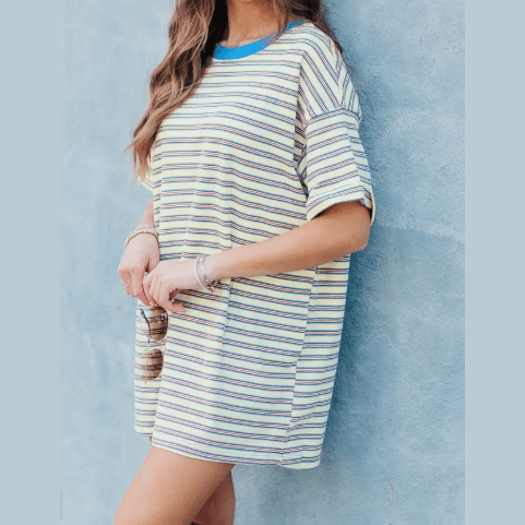 SALE!!!  Karol White Stripe Drop Shoulder Cuffed Sleeve Loose Tunic T Shirt Mini Dress
