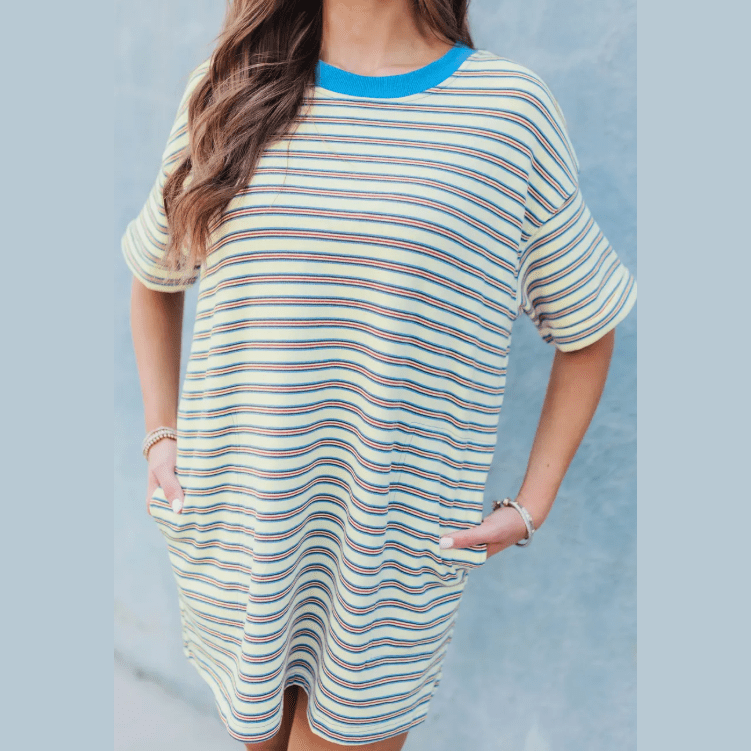 SALE!!!  Karol White Stripe Drop Shoulder Cuffed Sleeve Loose Tunic T Shirt Mini Dress