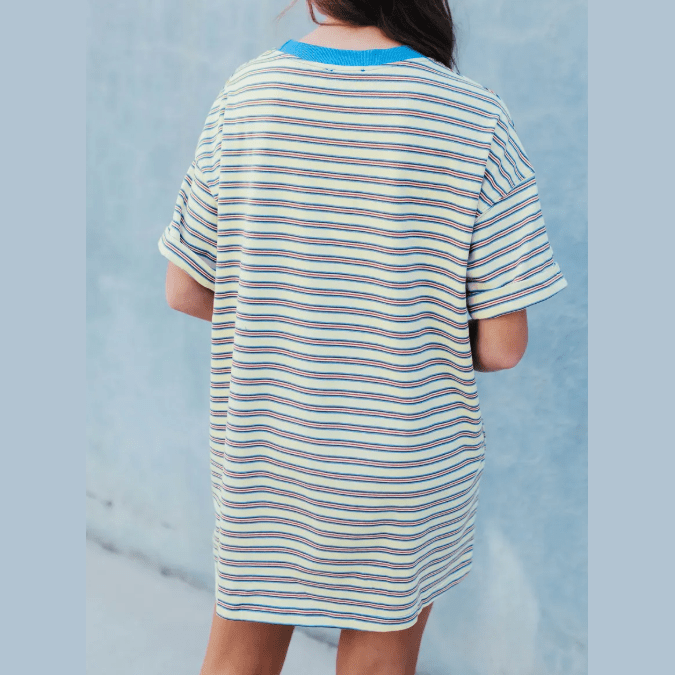 SALE!!!  Karol White Stripe Drop Shoulder Cuffed Sleeve Loose Tunic T Shirt Mini Dress