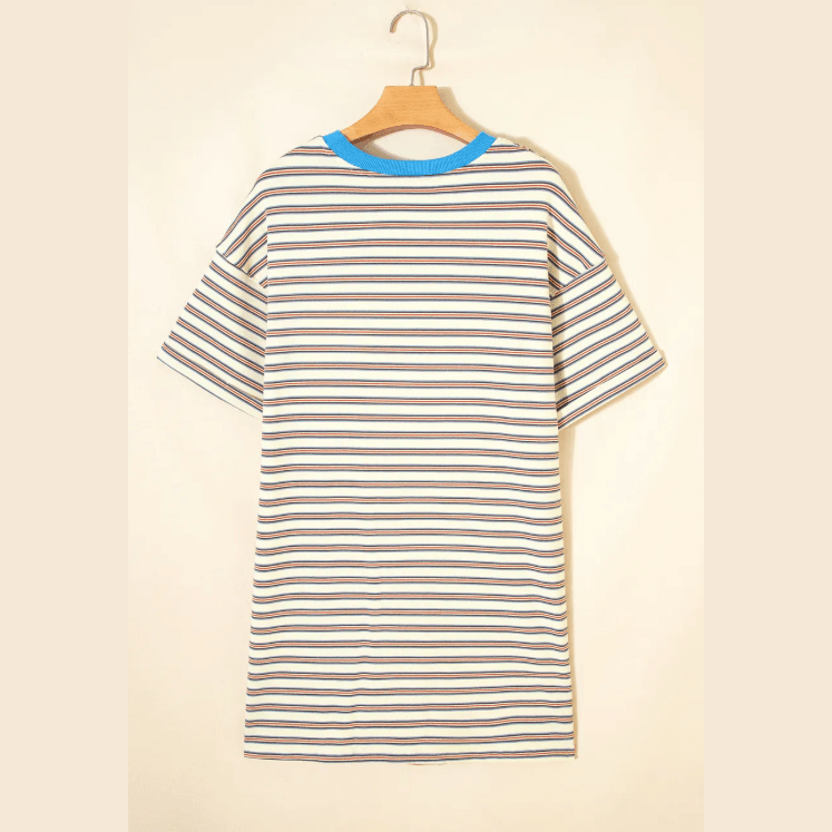 SALE!!!  Karol White Stripe Drop Shoulder Cuffed Sleeve Loose Tunic T Shirt Mini Dress