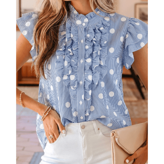 Maya Sky Blue Stripe Contrast Polka Dot Print Pleated Ruffle Sleeve Shirt