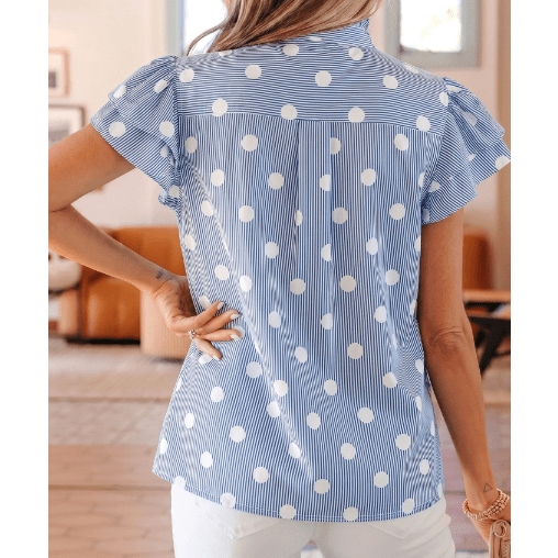 Maya Sky Blue Stripe Contrast Polka Dot Print Pleated Ruffle Sleeve Shirt