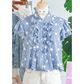 Maya Sky Blue Stripe Contrast Polka Dot Print Pleated Ruffle Sleeve Shirt