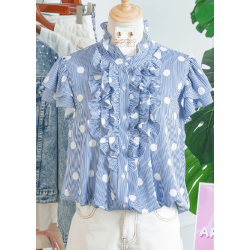 Maya Sky Blue Stripe Contrast Polka Dot Print Pleated Ruffle Sleeve Shirt