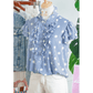 Maya Sky Blue Stripe Contrast Polka Dot Print Pleated Ruffle Sleeve Shirt
