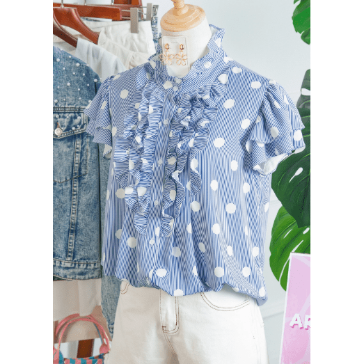Maya Sky Blue Stripe Contrast Polka Dot Print Pleated Ruffle Sleeve Shirt