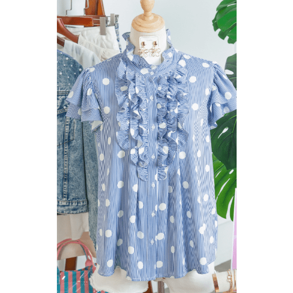 Maya Sky Blue Stripe Contrast Polka Dot Print Pleated Ruffle Sleeve Shirt