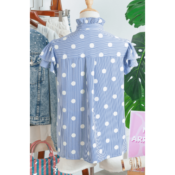 Maya Sky Blue Stripe Contrast Polka Dot Print Pleated Ruffle Sleeve Shirt
