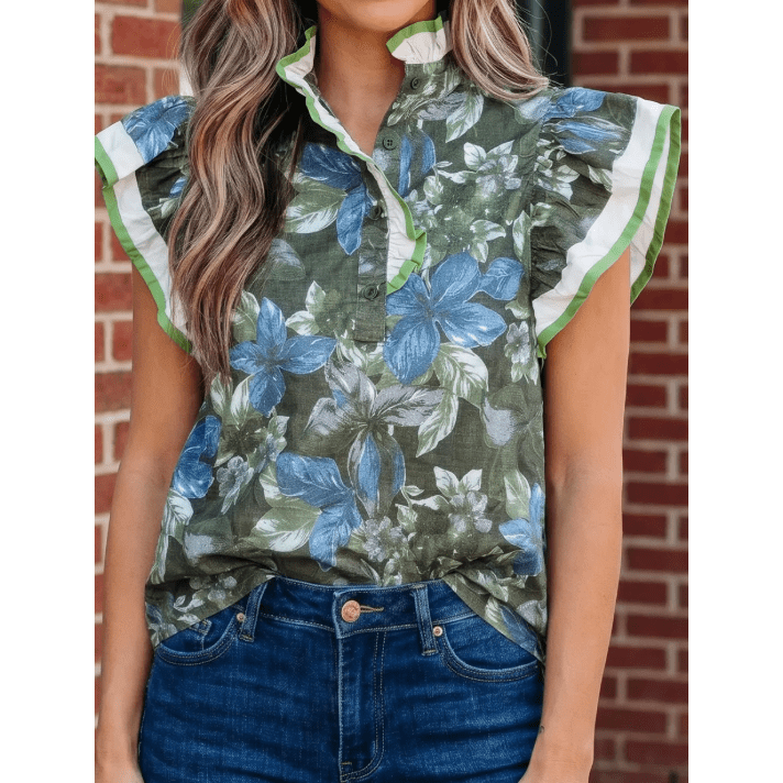 Avery Green Ruffled Short Sleeve Floral Summer Blouse